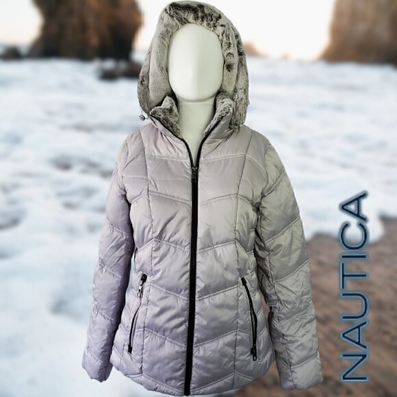 Nautica | Women's Hooded  Puffer Jacket Detachable Fx Fur Hood | Silver | NWOT - Picture 2 of 15